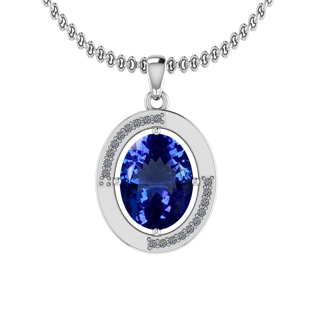 4.85 Ctw VS/SI1 Tanzanite And Diamond 14K White Gold Ne: 4.85 Ctw VS/SI1 Tanzanite And Diamond 14K White Gold Necklace -- Center Stone Weight : 4.75 Ctw (1 Psc Oval Cut ) Center Stone Color : Tanzanite Center Stone Setting : Prong Side Stone Weight Of Ctw 0