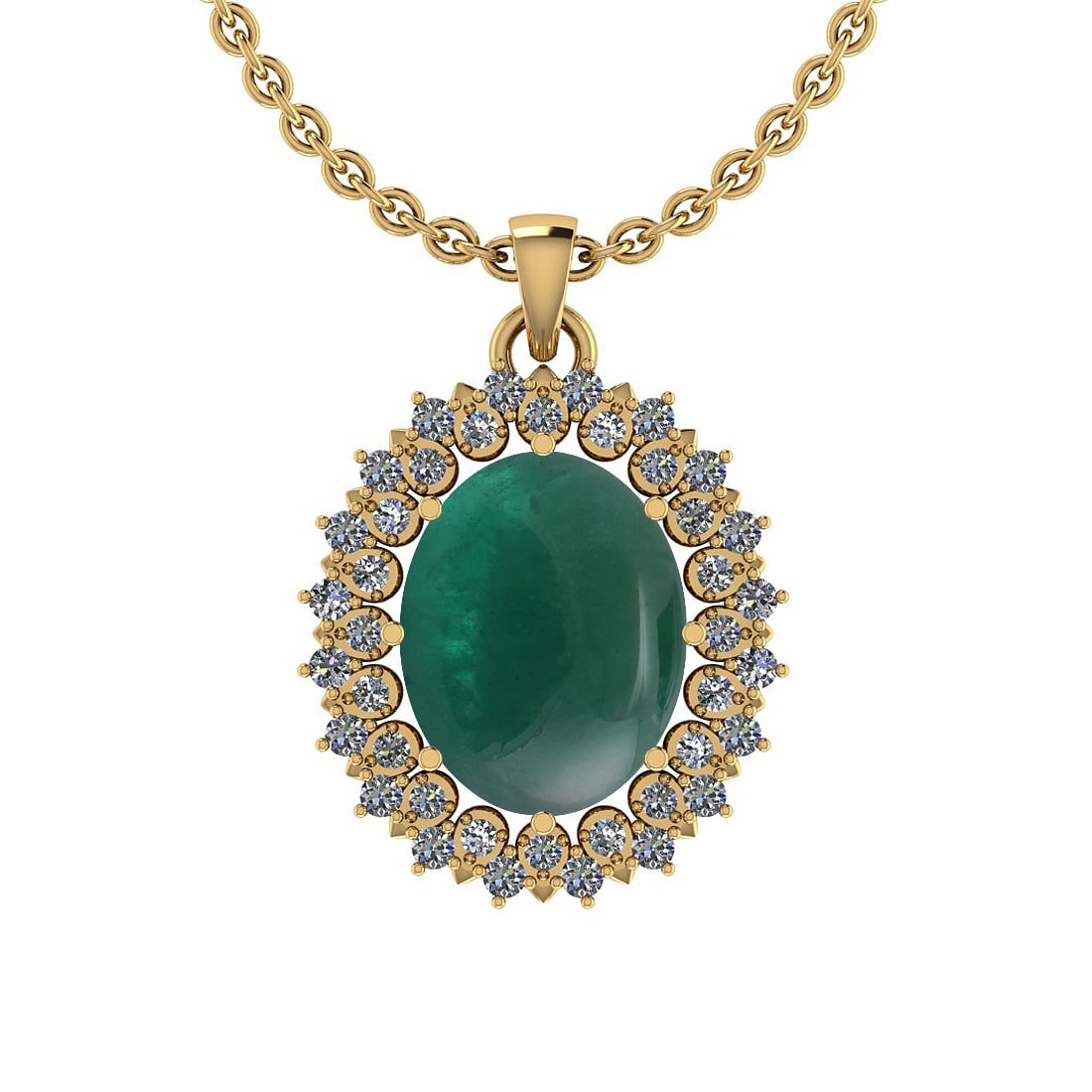 Certified 4.91 Ctw I2/I3 Emerald And Diamond 14K Yellow: Certified 4.91 Ctw I2/I3 Emerald And Diamond 14K Yellow Gold Vintage Style Pendant -- Center Stone Approx Weight: 4.43 Ctw (Oval Cab) Center Stone Color: Emerald Center Stone Setting: Prong Side Stone