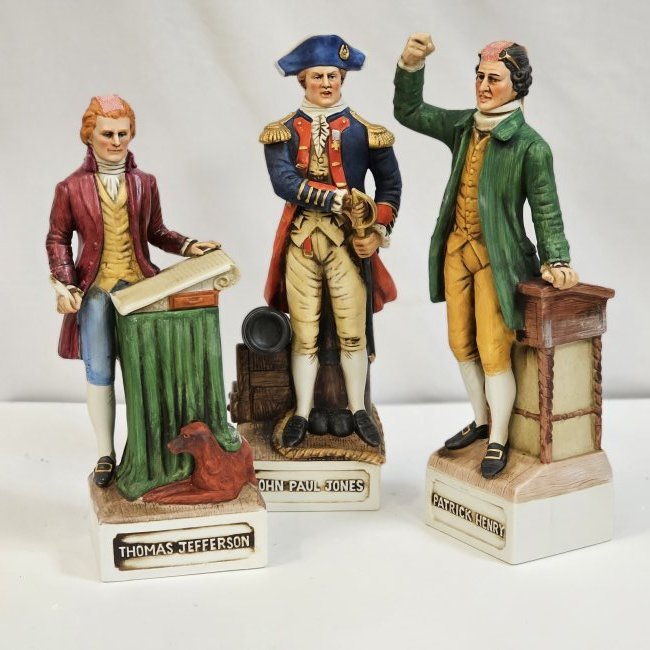 Group of 3 McCormick The Patriots: Bourbon Whiskey McCormick porcelain of John Paul Jones, Thomas Jefferson, and Patrick Henry, condition as shown, seal is intact some wear on boxes from being stored over time.