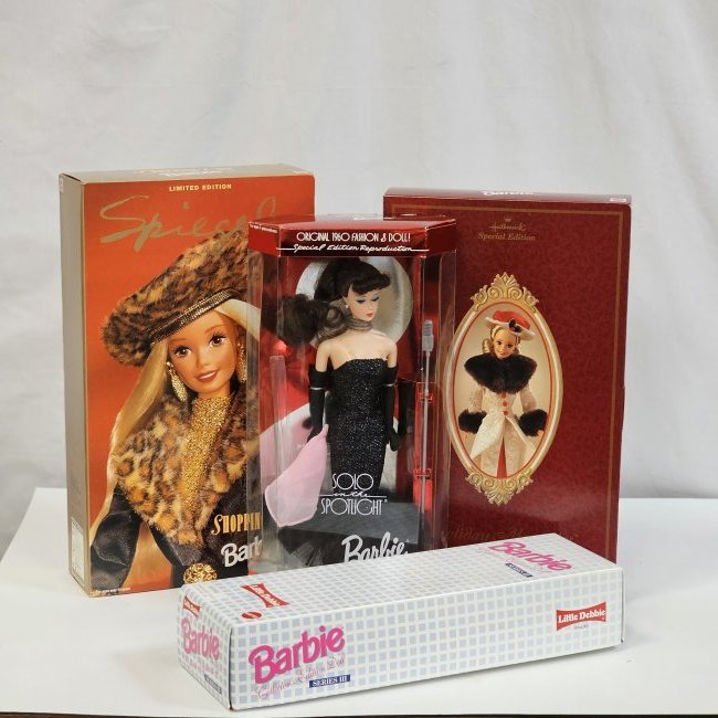 Group of 4 Boxed Special Barbies: 4 Mattel Barbies, Little Debbies Series III, Solo in the Spotlight which is retro throwback style barbie, Holiday Memories and Shopping Chic - Spiegel which features a black poodle.