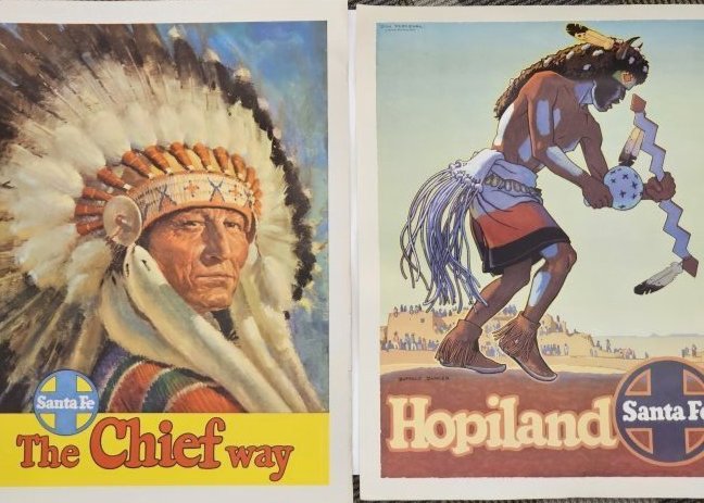 Lot of 2 Santa Fe Railroad The Chief Way and Buffalo Dancer Posters: 2 Santa Fe Railroad/Railway posters. One poster featuring name Don Perceval. Posters are slightly wavy from being stored, The Chief is in as is condition see edges and aging on back. Each measures app