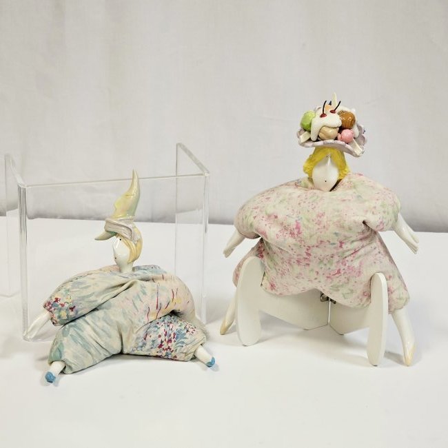 Poupee Millet Dolls with Moon and Ice Cream Sundae: Poupee millet dolls: one with a moon and cloud topper and one with an banana split/sundae topper. The bottom of the banana is missing, but need to be restored.