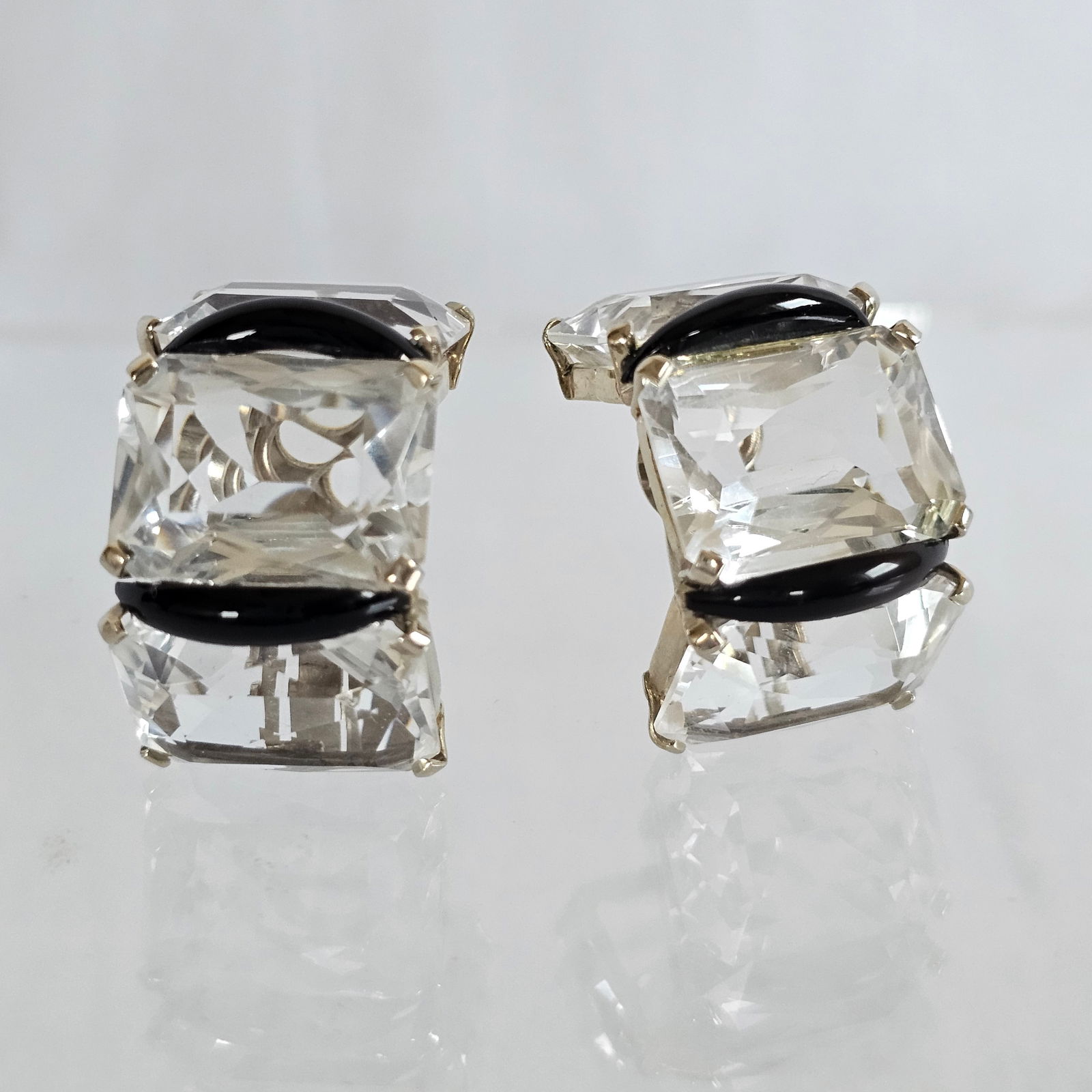 Pair of Rock Crystal, Onyx, 14k White Gold Ear Clips (1 of 10)