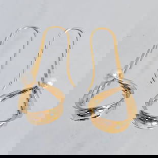 Pair of Cultured Pearl, 14k Earrings, Scavezze: Each designed as an abstract twisted hoop terminating to a round cultured pearl, set in a 14k yellow gold earring mounting measuring approximately 40.0 x 17.0 mm (1.57 x 0.68 in). Marked &q