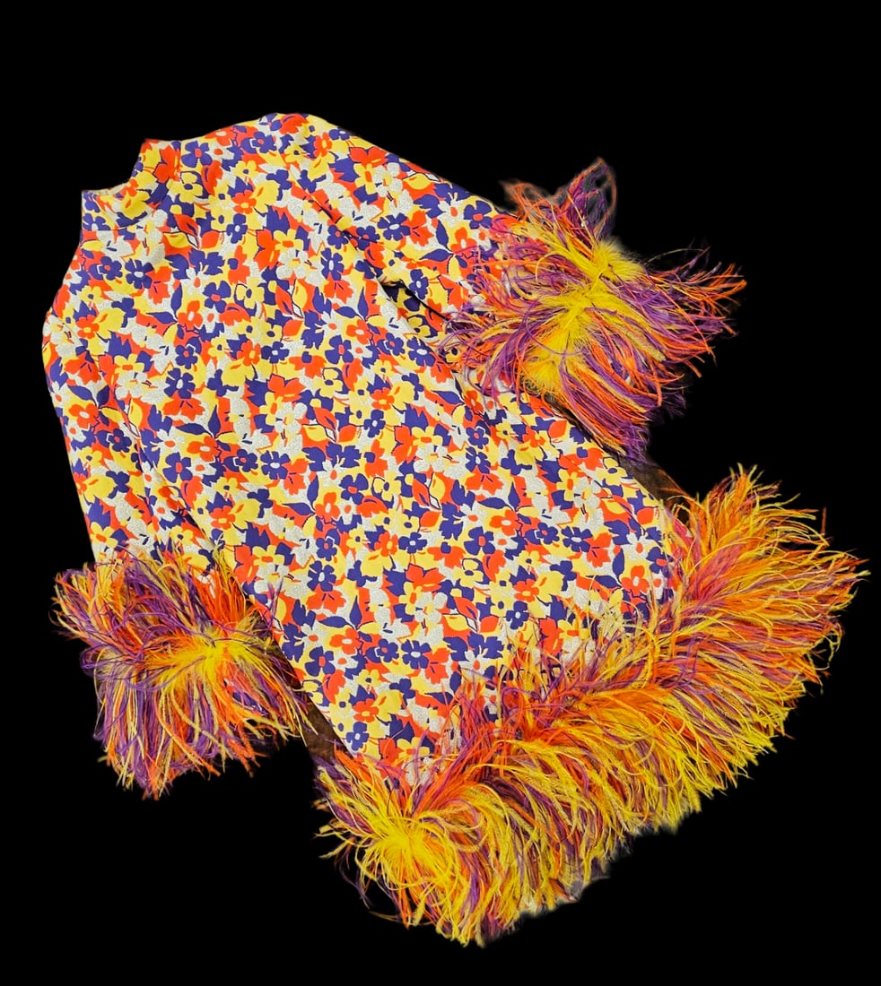 1960's Geoffrey Beene Retro Style Multi Floral Dress with Feathers (1 of 5)