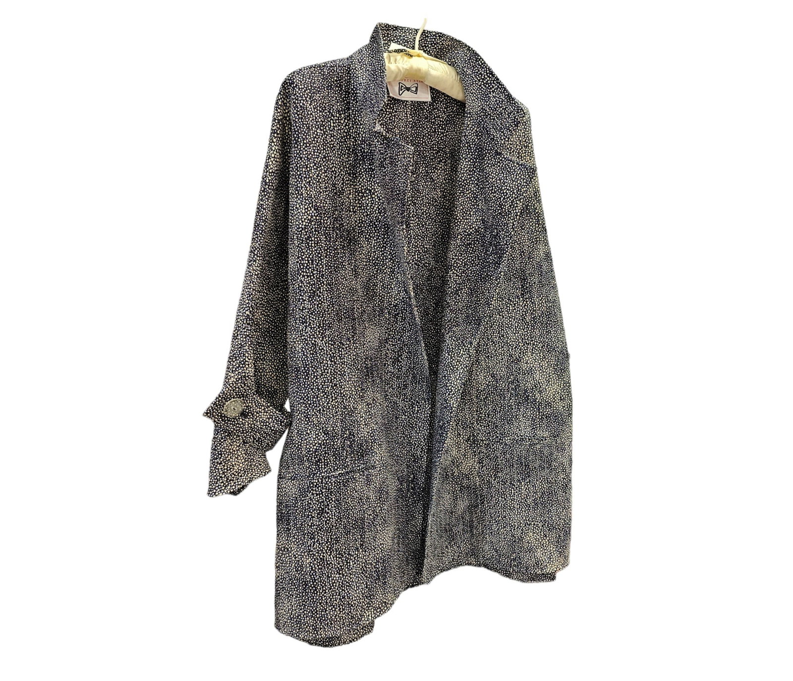Geoffrey Beene Dot and Stripe Overcoat: Geoffrey Beene dot and stripe over coat with self cuff buckles.