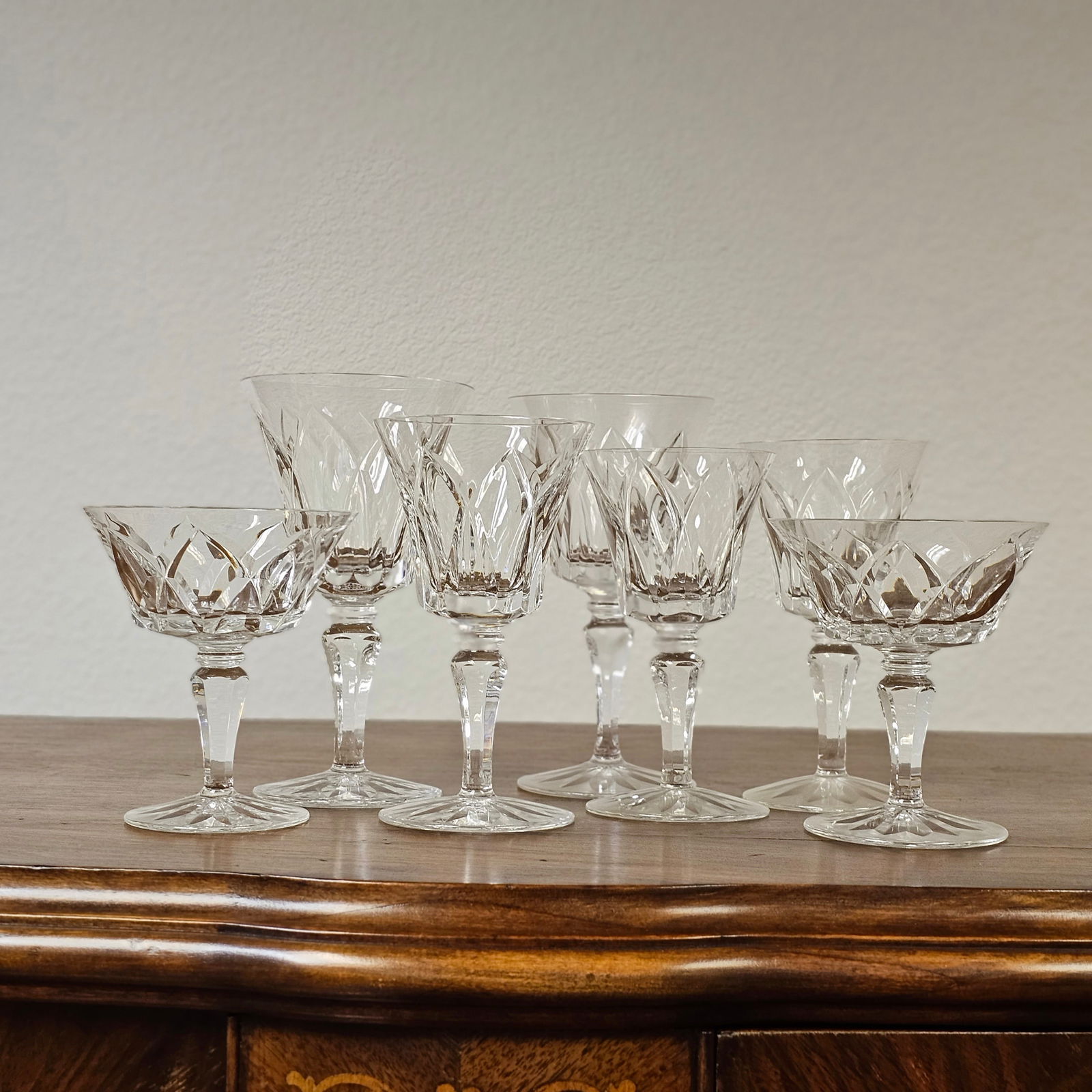 Saint Louis Cristal de France: Saint Louis Cristal Set includes; Seven 6 3/4in. water goblets, eight 4 3/4in. champagne coupes, seven 6in. wine goblets, eight 5 1/4in. apertif glasses and one 5 3/4in. wine goblet. Thirty two pieces