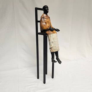 Cristina Cordova (American, b 1976) Seated Ceramic Sculpture: Cristina Cordova (American, b 1976) seated ceramic sculpture featuring a female seated figure wearing a yellow top and white skirt.