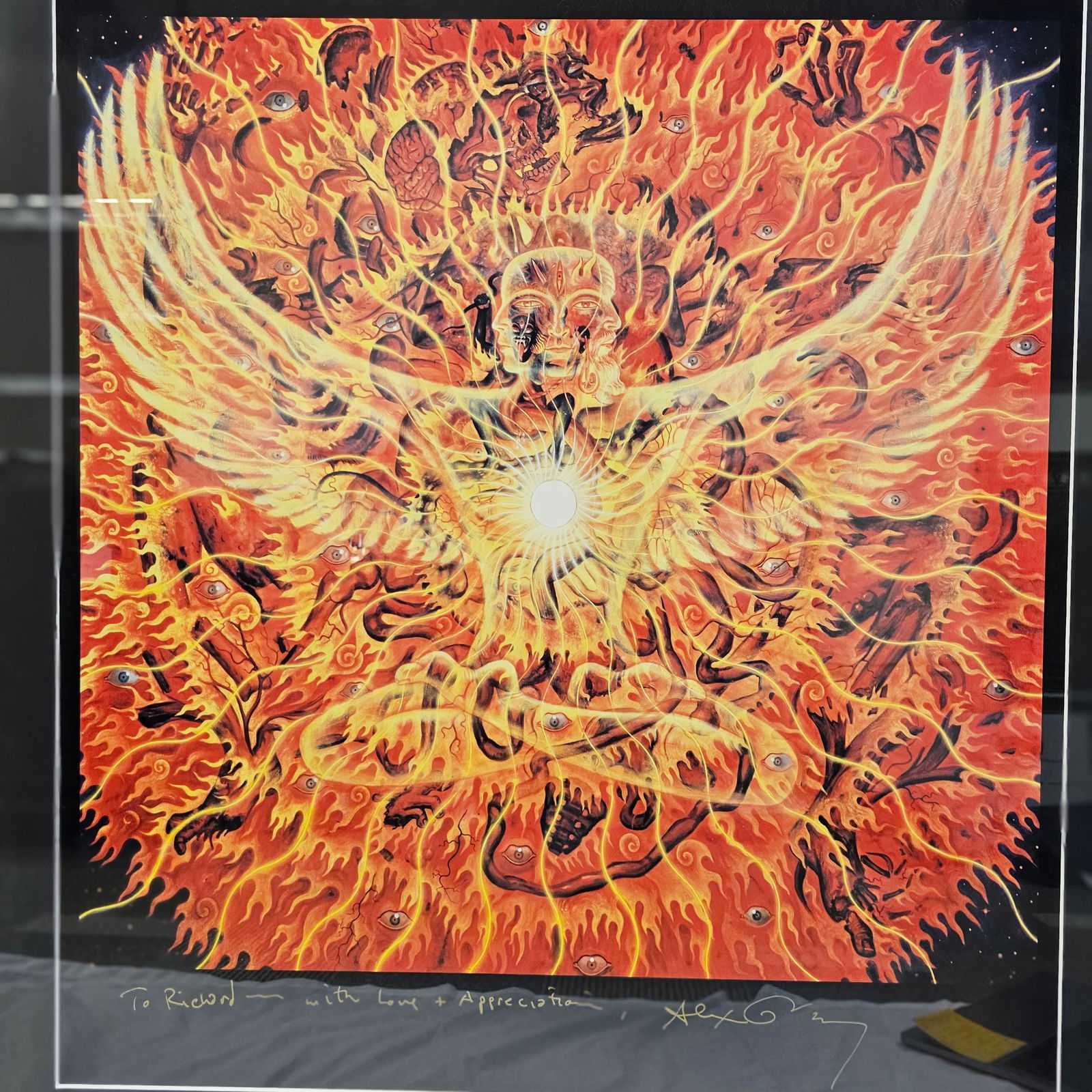 Alex Grey Framed Print: Inscription reads: To Richard -- with Love + Appreciation, Alex Grey. The art would also be the album art on the 1999, Torched by Michael Hedges.