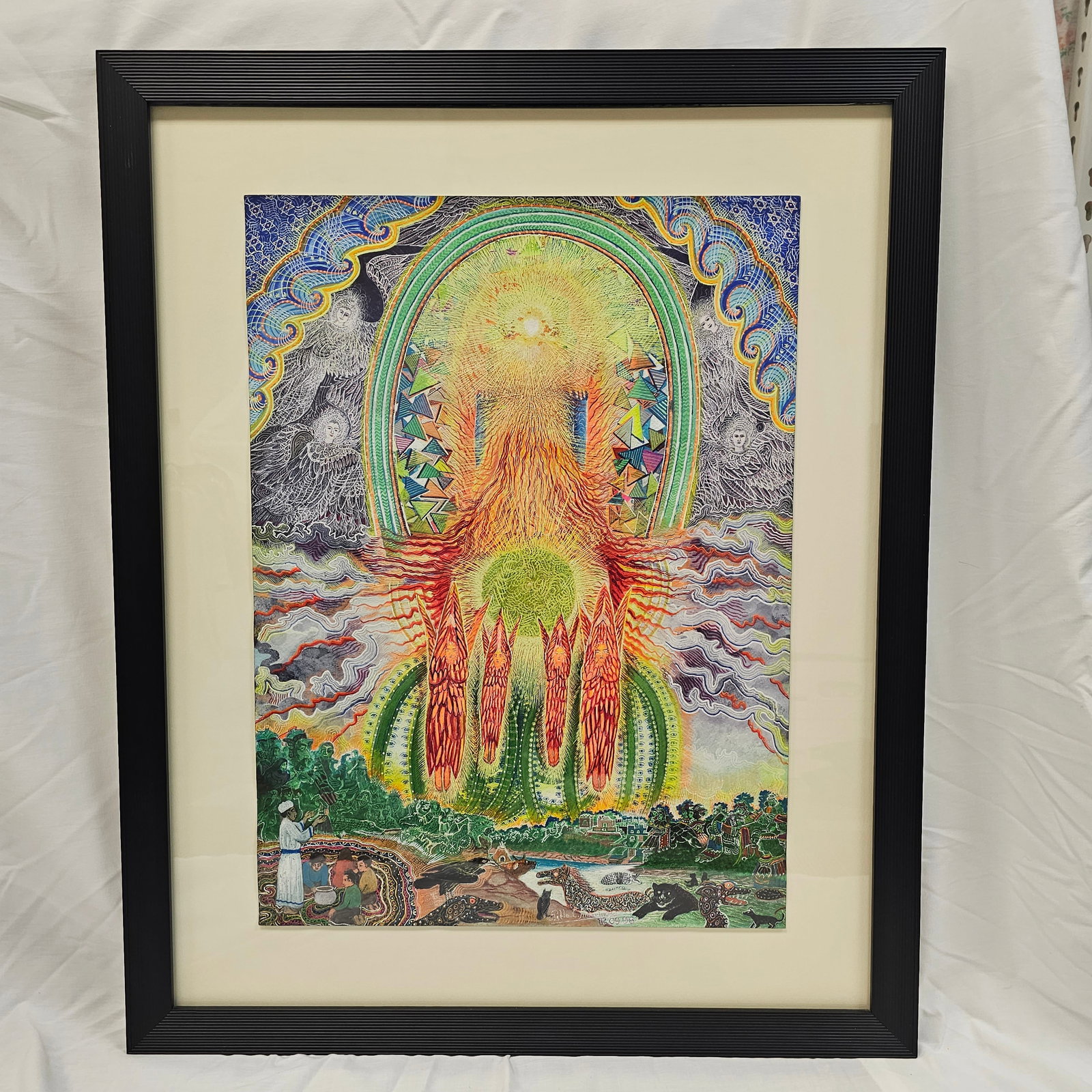 Pablo C. Amaringo (Peruvian) '98: Pablo Cesar Amaringo Shuña, art on paper, spirit realm with glowing figures and angels in the larger upper portion, with landscape filled with spirit and animals and seated figures in lower lef