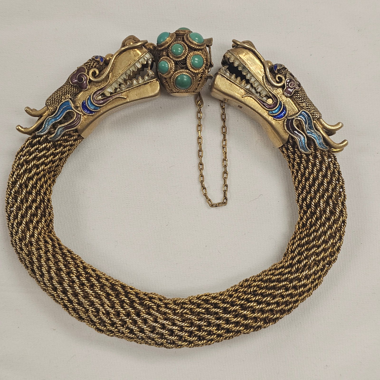 Chinese Export Turquoise, Enamel, Silver Gilt Dragon Bracelet (1 of 10)