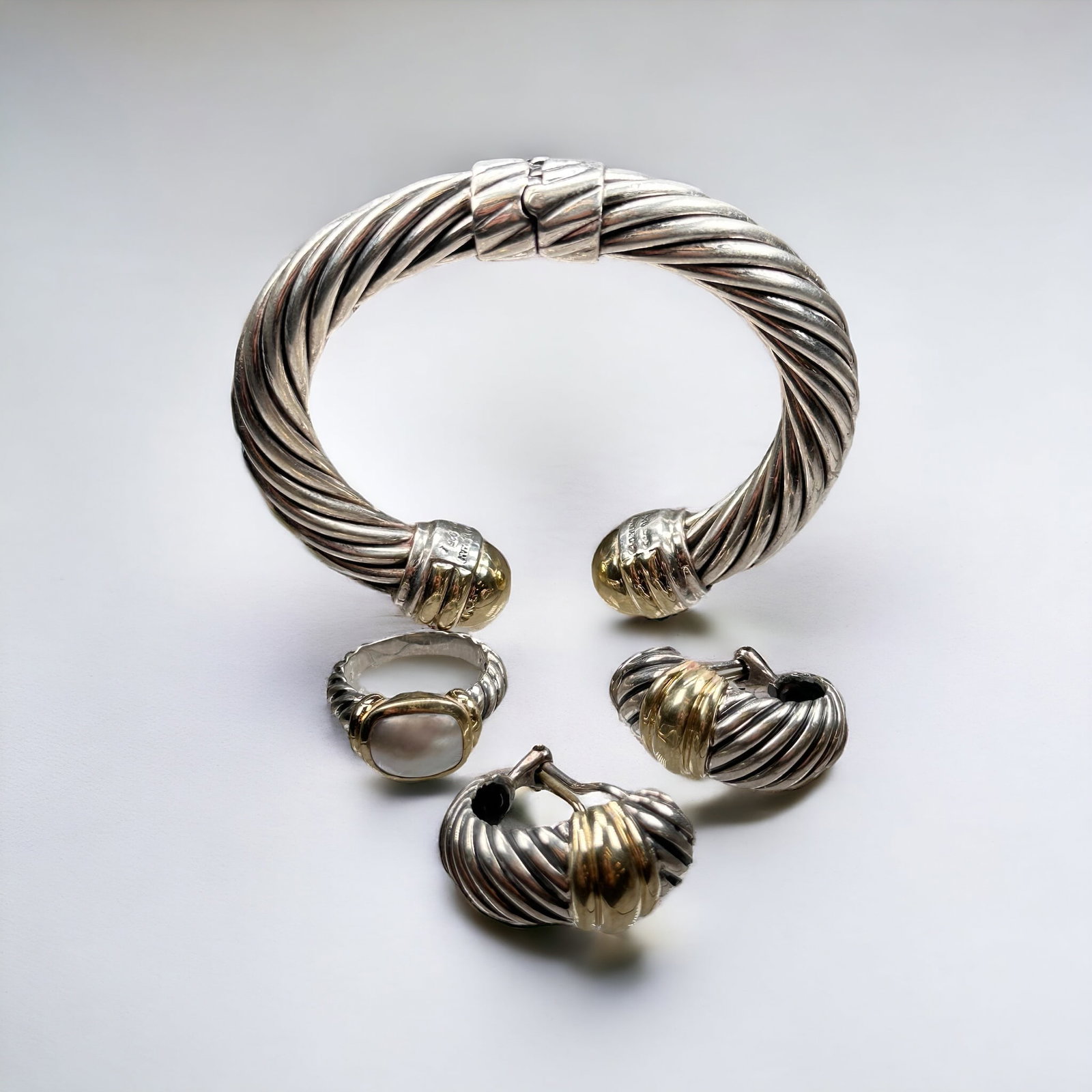 Pearl, 14k, Sterling Silver Jewelry Suite, David Yurman: Including a ring centering a mabe cultured pearl set in a 14k yellow gold, sterling silver mounting, size 6 3/4; a clamper-style cuff bracelet composed of sterling silver, terminating to 14k yellow go