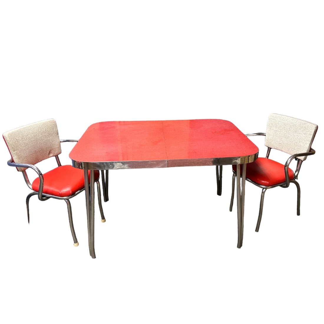 Mid-Century Red and Chrome Table with Pair of Red and White Chairs (1 of 6)