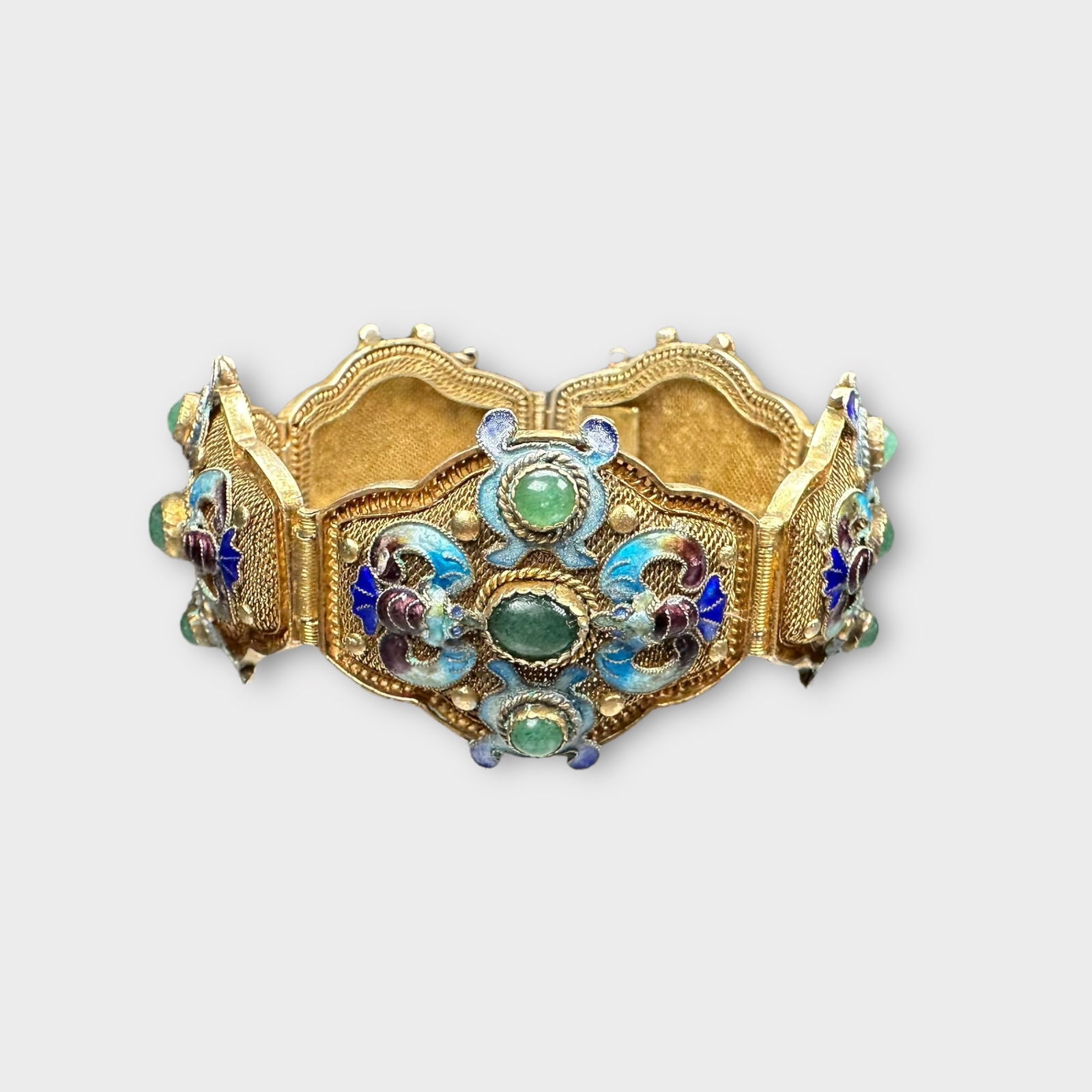Chinese Export Aventurine, Enamel, Silver Gilt Bracelet (1 of 5)