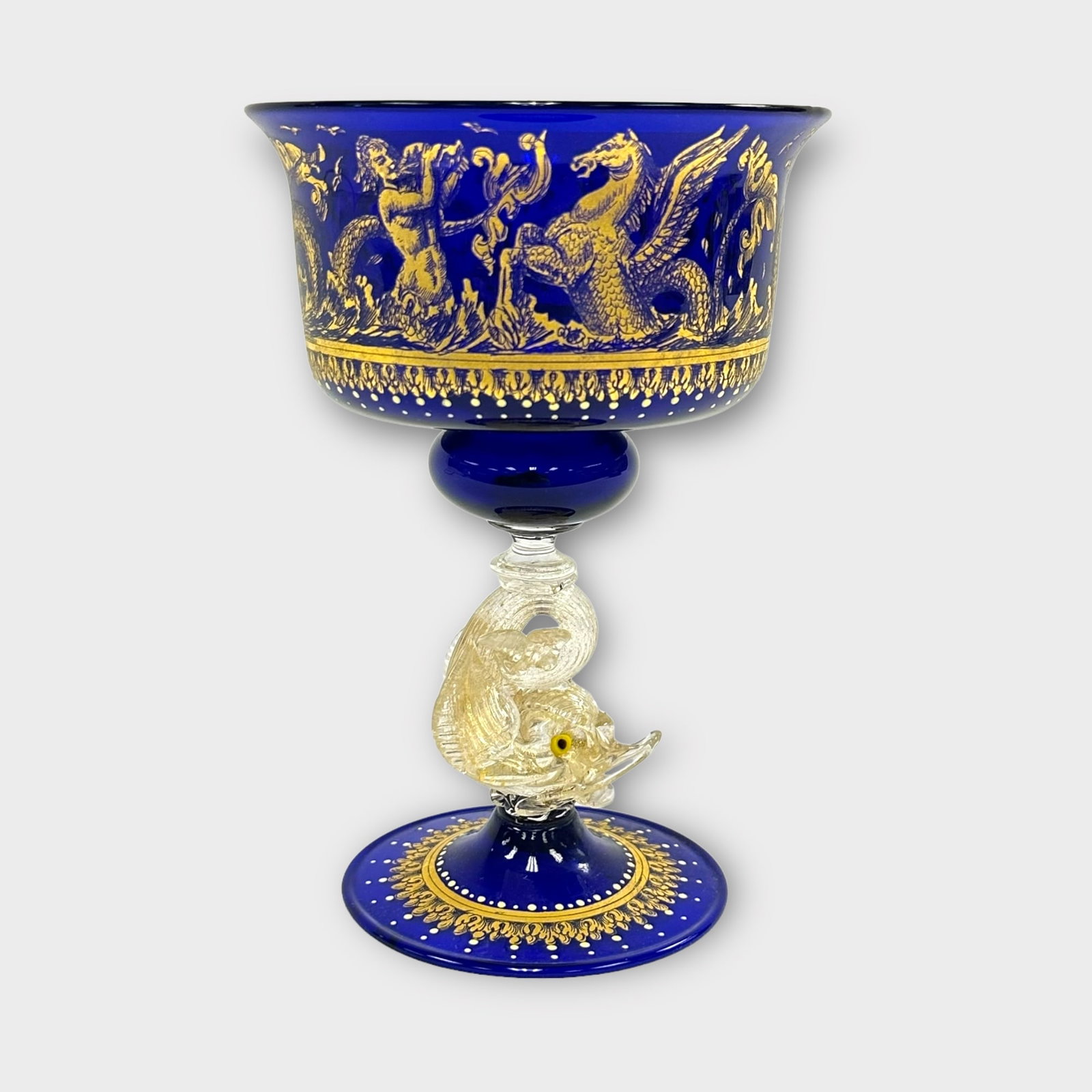 Murano Glass Blue and Gilt Goblet with Dolphin Stem (1 of 8)