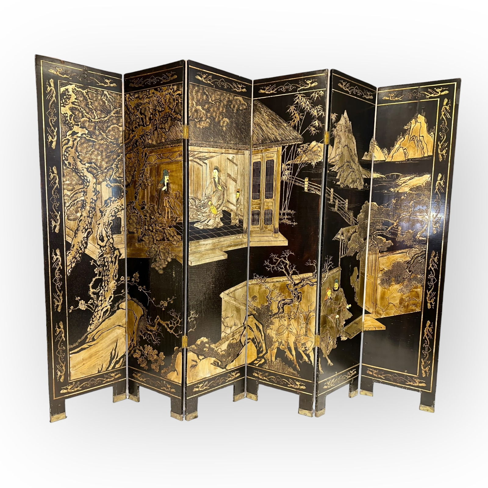 Six Panel Black and Colored Lacquer Chinese Screen (1 of 9)