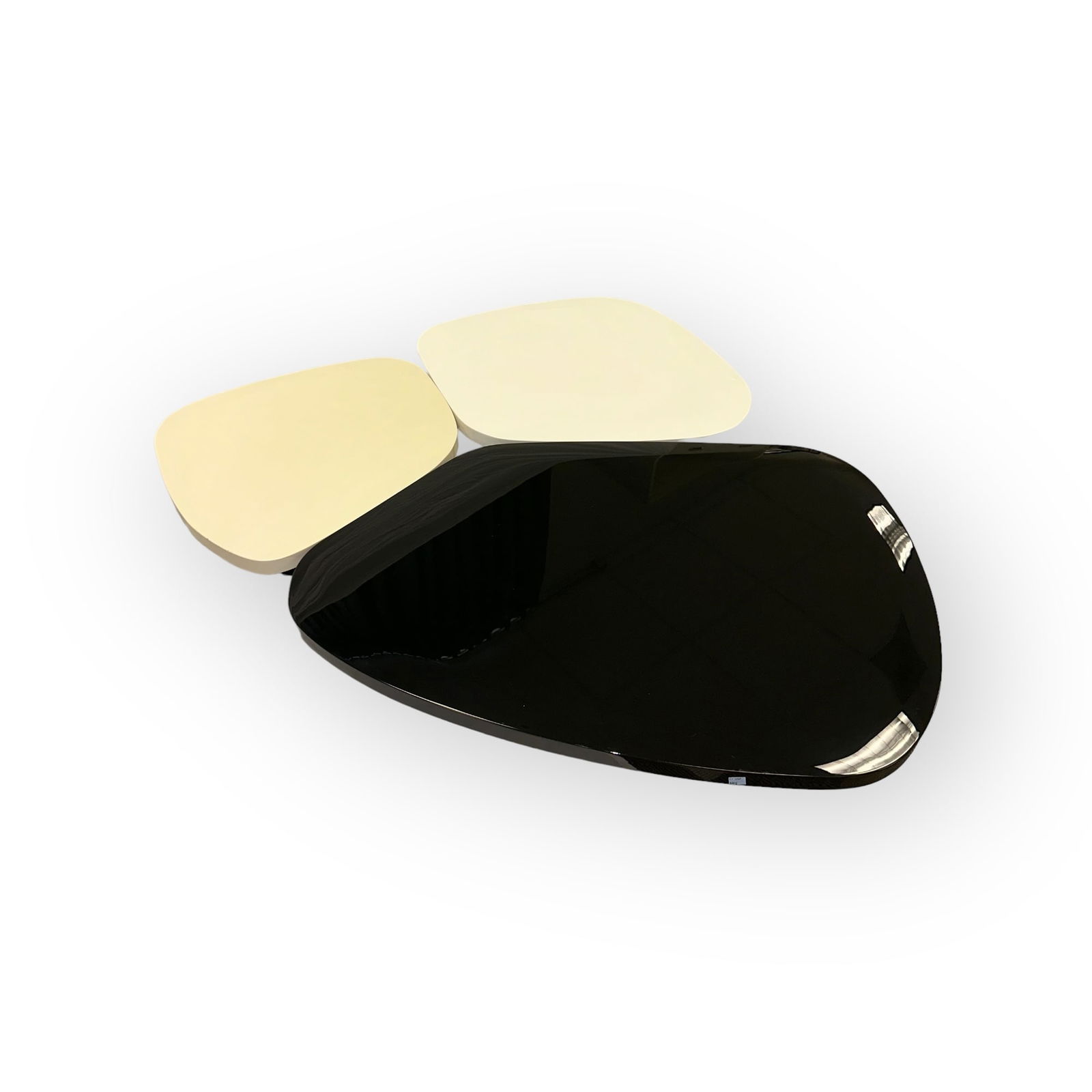 India Mahdavi (B. 1962) "Flower" Lacquer Coffee Table: India Mahdavi (B. 1962) "Flower" lacquer coffee table, made in France. The large petal is black with the other two petals in sand and white. India Mahdavi medallion on the underside of the t