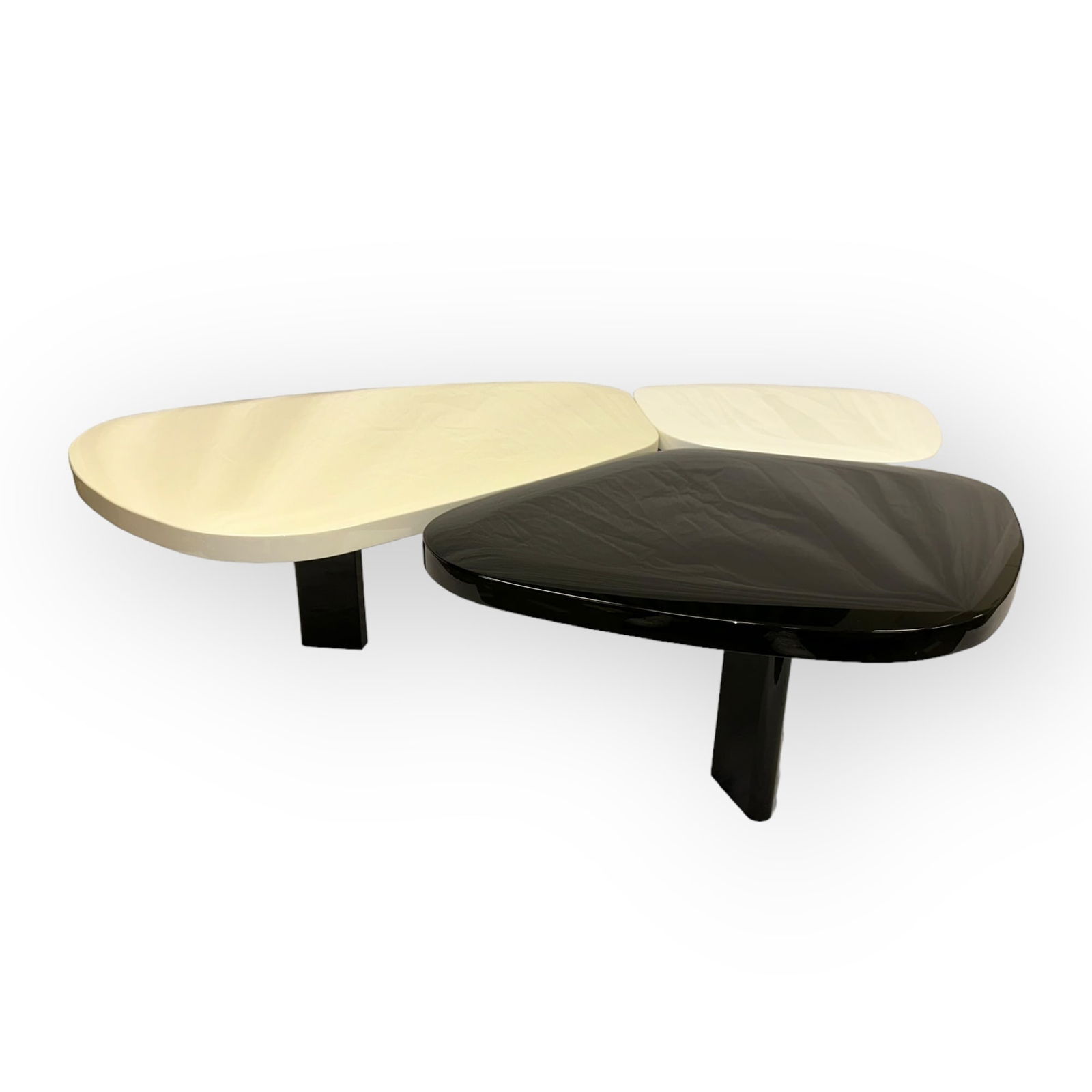 India Mahdavi (B. 1962) "Flower" Lacquer Coffee Table: India Mahdavi (B. 1962) "Flower" lacquer coffee table, made in France. Largest petal is in sand with the other two petals in white and black. Measures approximately 52 1/2 in L x 46 in