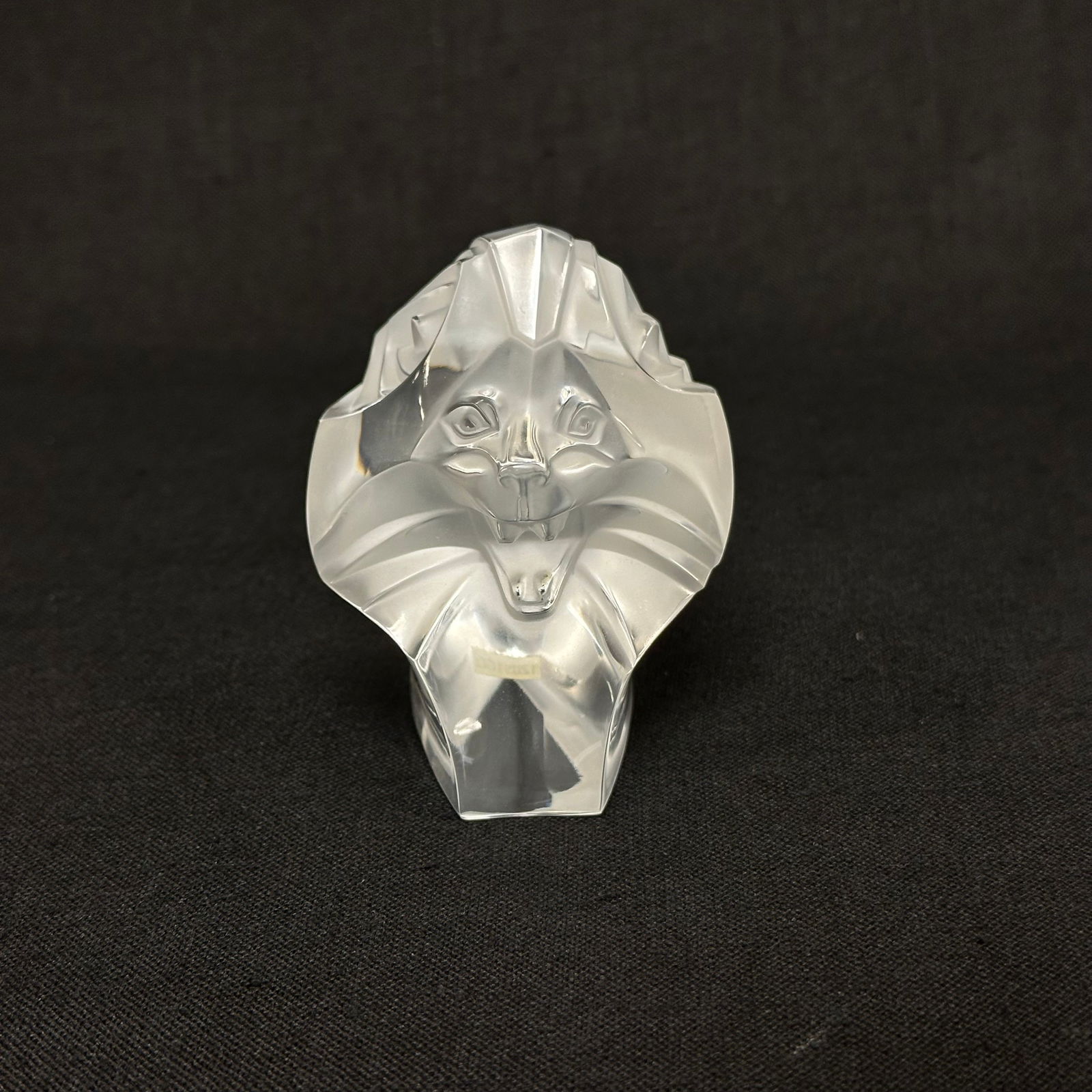 Lalique France Lionhead Paperweight: Lalique France glass lionhead paperweight, signed beneath, in original box. Condition is good.