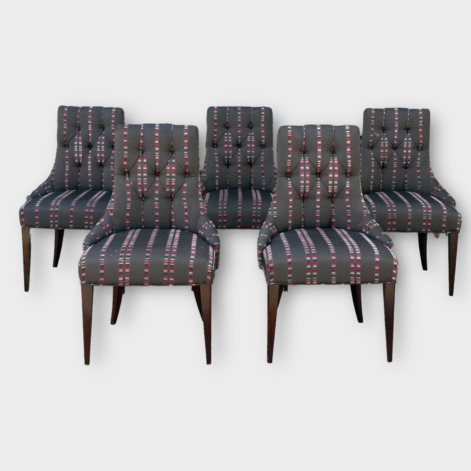 Group of 10 Thomas Pheasant by Baker "Ritz" Dining Chairs: Group of 10 vibrantly upholstered Thomas Pheasant by Baker dining chairs. Featuring vibrant ribbon design and ruched upholstery with nail head trim and a ring in the back of each chair. Baker lab