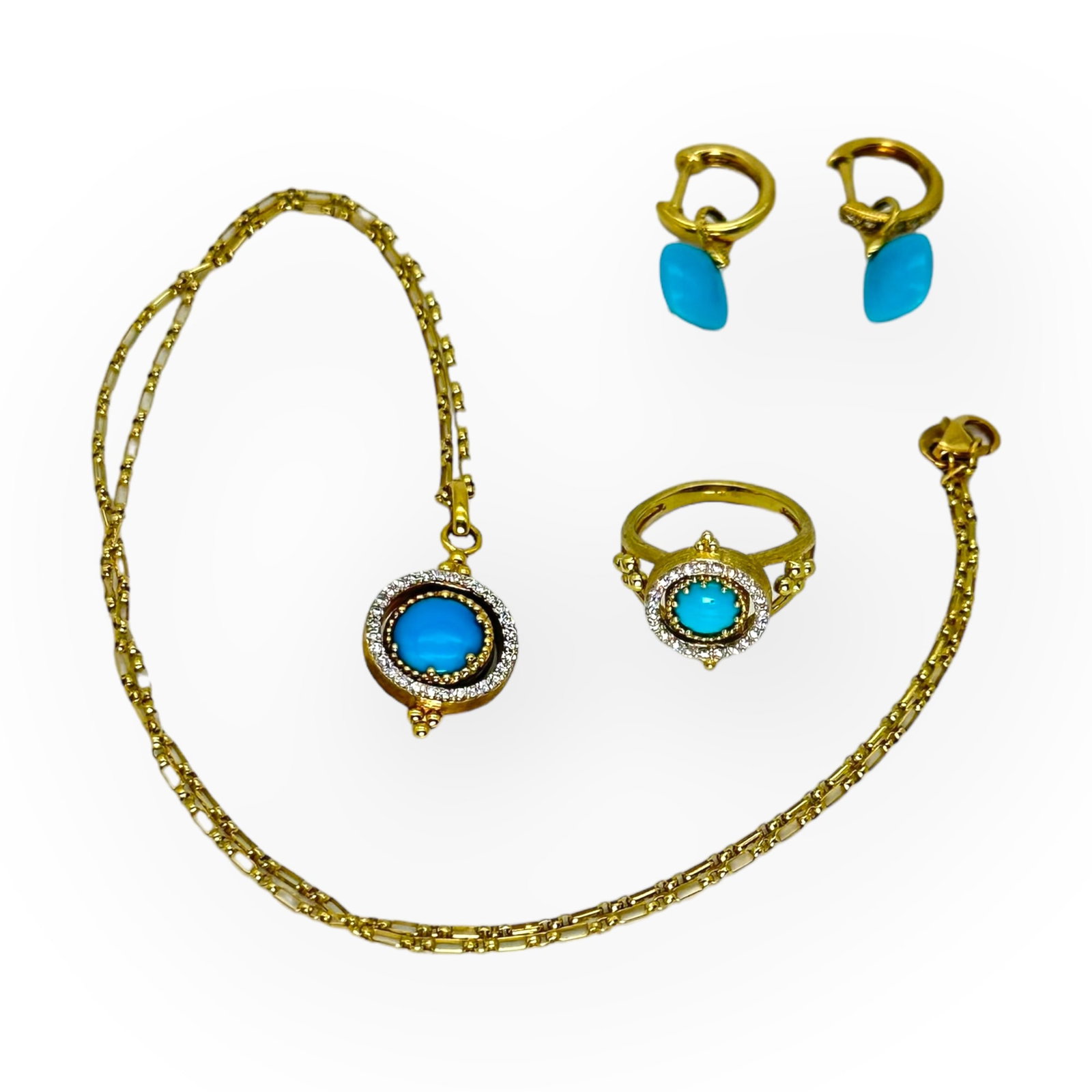 Turquoise, Diamond, 18k Jewelry Suite, Jude Francis: Including a pendant centering a round turquoise cabochon accented by thirty round brilliant-cut diamonds weighing a total of approximately 0.22 cttw., set in an 18k yellow gold mounting suspended by a