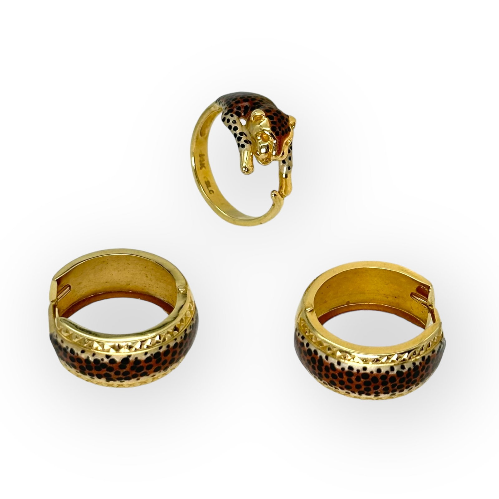 Leopard-Themed Enamel, 14k Yellow Gold Jewelry Suite: Including a pair of earrings centering polychrome enamel in a stylized animal print set in 14k yellow gold, hinged hoops, each with an outer diameter measuring approximately 0.83 inches (21.