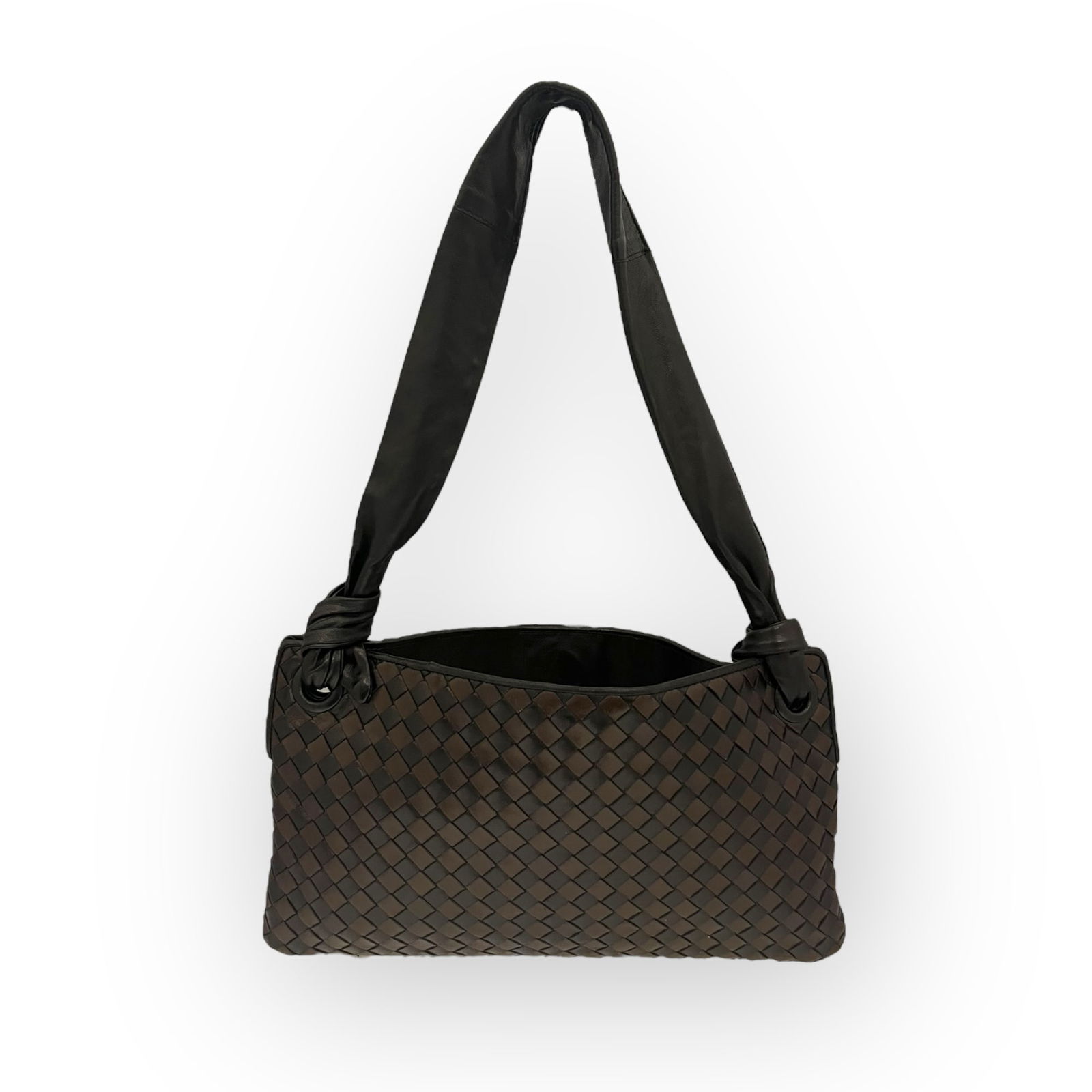 Bottea Veneta Intrecciato Two-Toned Shoulder Bag: Bottega Veneta Intrecciato shoulder bag featuring brown and black woven leather with wide black leather shoulder strap, looped through two wide leather wrapped grommets, lined in buff suede. The inter