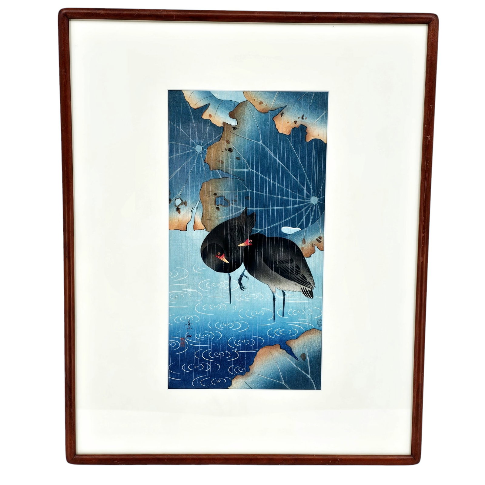 Komori Soseki (Japanese, Early 20th Century) Circa 1920-1930 "Moorhens" Woodblock Print: Komori Soseki (Japanese, Early 20th Century) Circa 1920-1930 "Moorhens" naturalist ornithological woodblock print, signed bottom left, 21 in H x 17 in W.