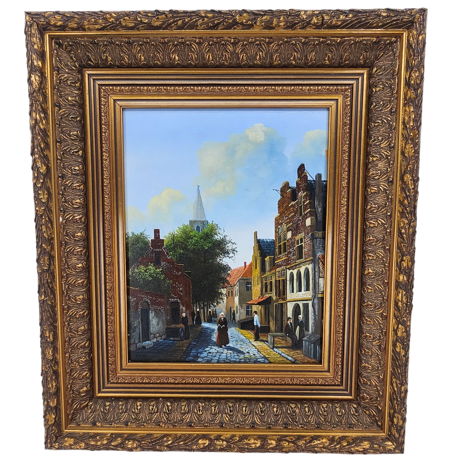 Attributed to Cornelius Van Dyke Dutch School, "Old Delft" Landscape Oil on Board: Attributed to Cornelius Van Dyke Dutch School Circa 1980 "Old Delft" Urban landscape oil painting to board, 23 1/2 in H x 20 1/2 in W.