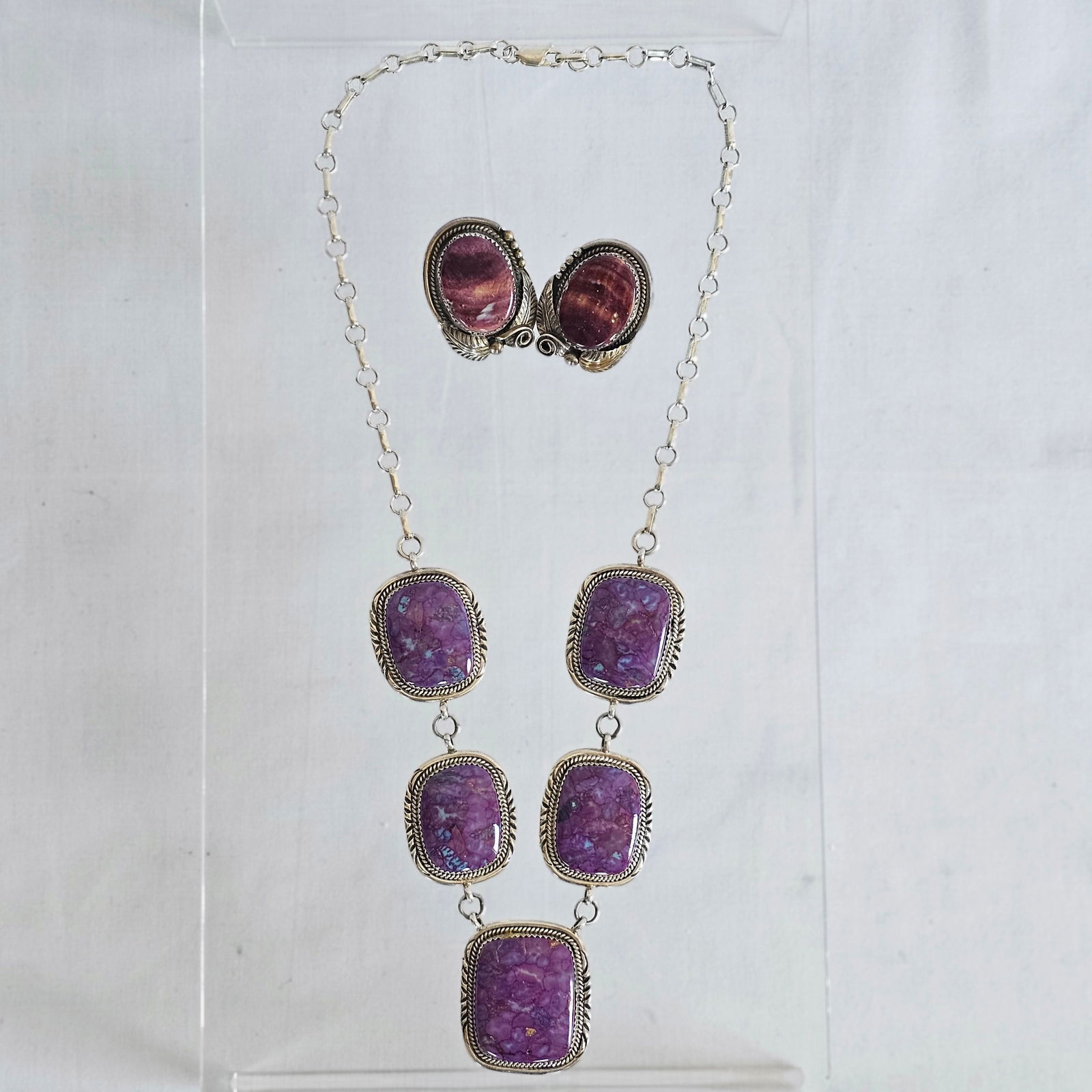 Navajo Sterling Silver Necklace with Pair of Ear Clips (1 of 15)