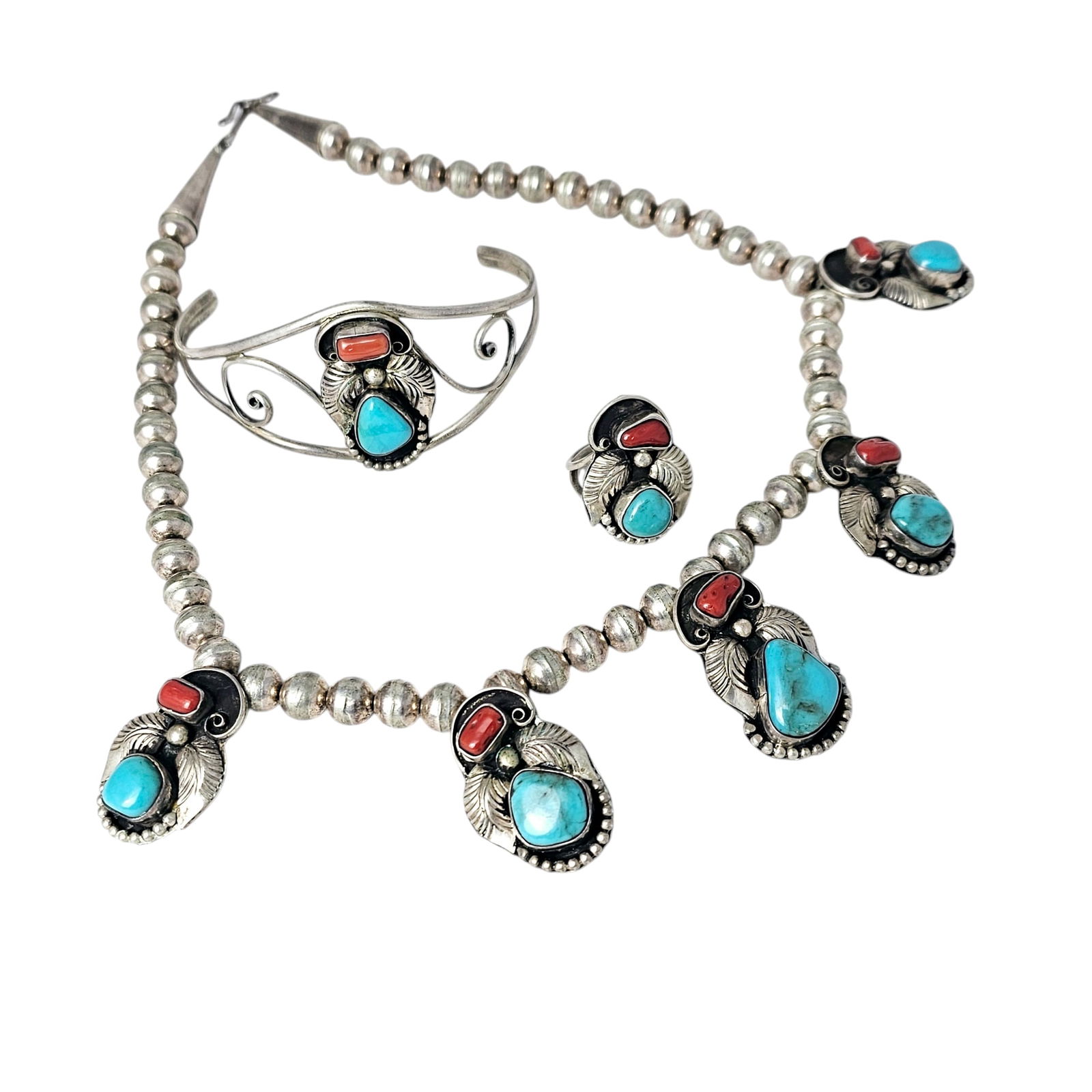 Navajo Sterling Silver, Turquoise, and Coral Jewelry Suite - D & J Clark (1 of 3)