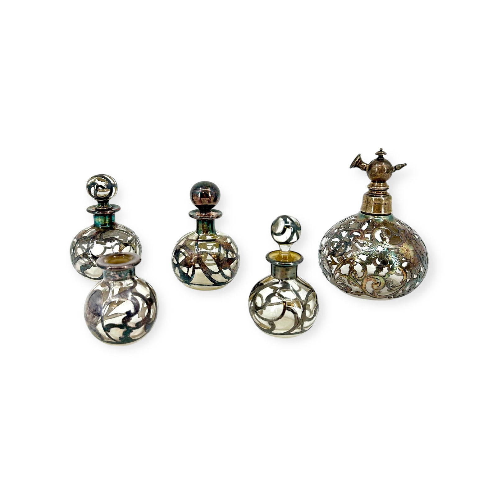 Group of 5 Silver Overlay Glass Perfume Bottles (1 of 5)