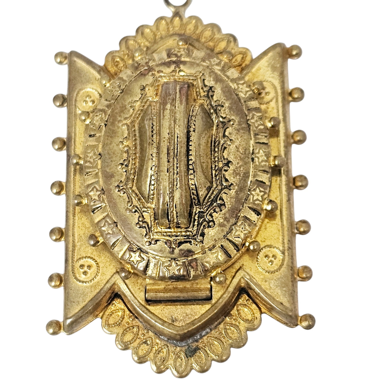 Victorian Etruscan Revival Gold-Plated Locket: The gold-plated Etruscan Revival locket with granulation, stars and ropework detailing, measuring approximately 2.62 x 1.50 inches. Gross weight: 24.2 grams.