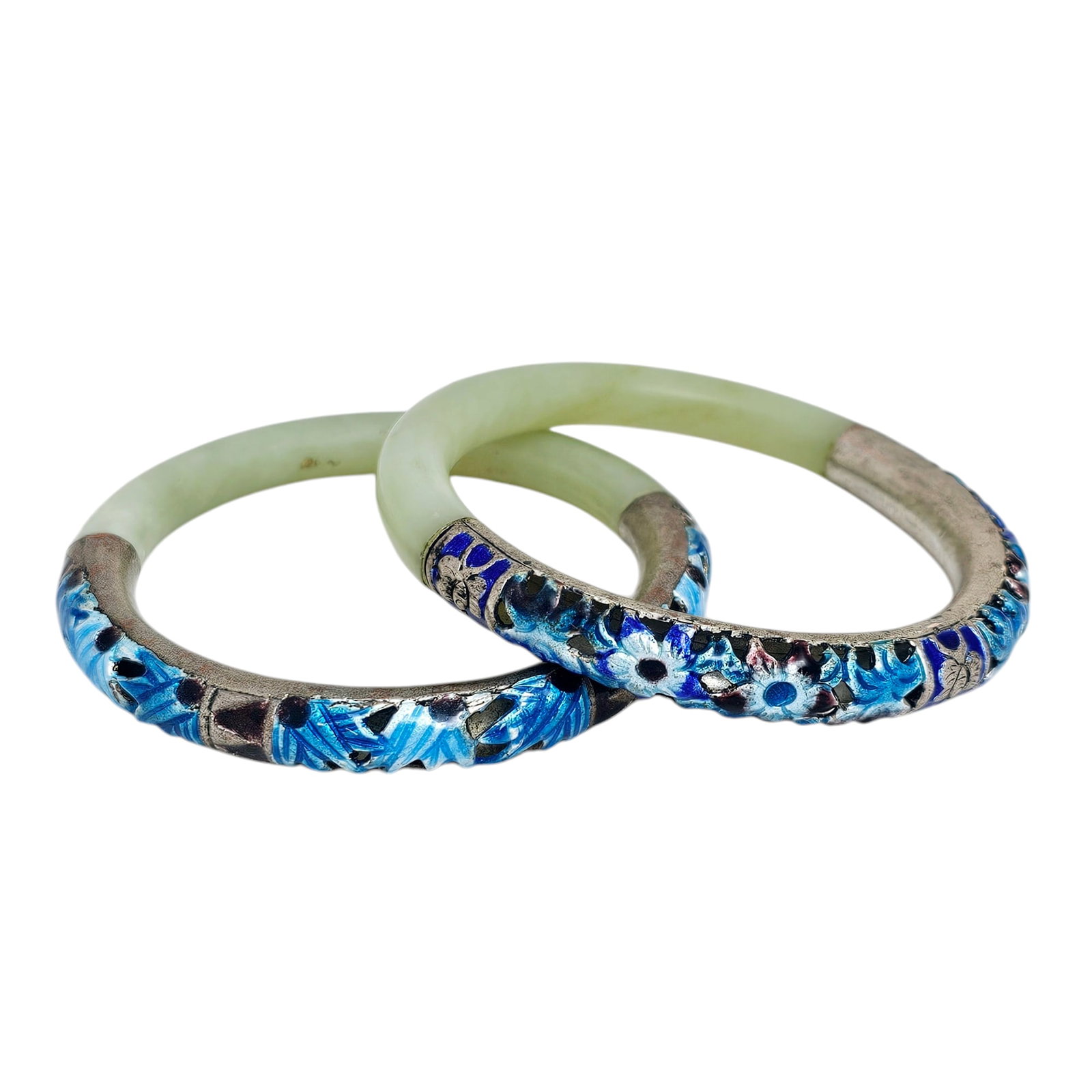 Pair of Chinese Enamel, Silver, Serpentine Bangle Bracelets (1 of 6)