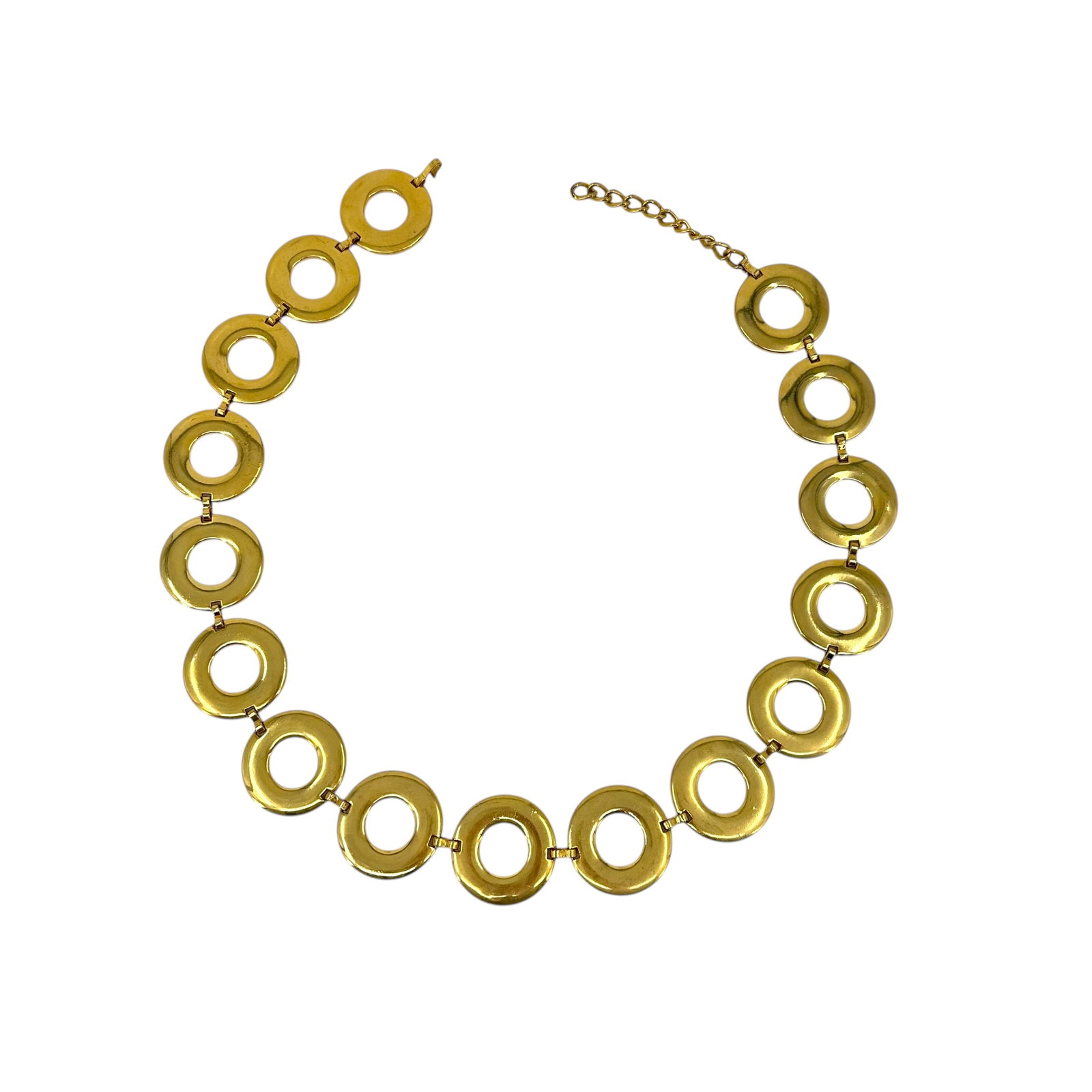 Vintage Escada Goldtone Circle Belt: Belt with adjustable chain and hook closure, 16 flat open circle discs to make the design, each linked together they measure 31.5", additional length with the chain. Each circle is ma