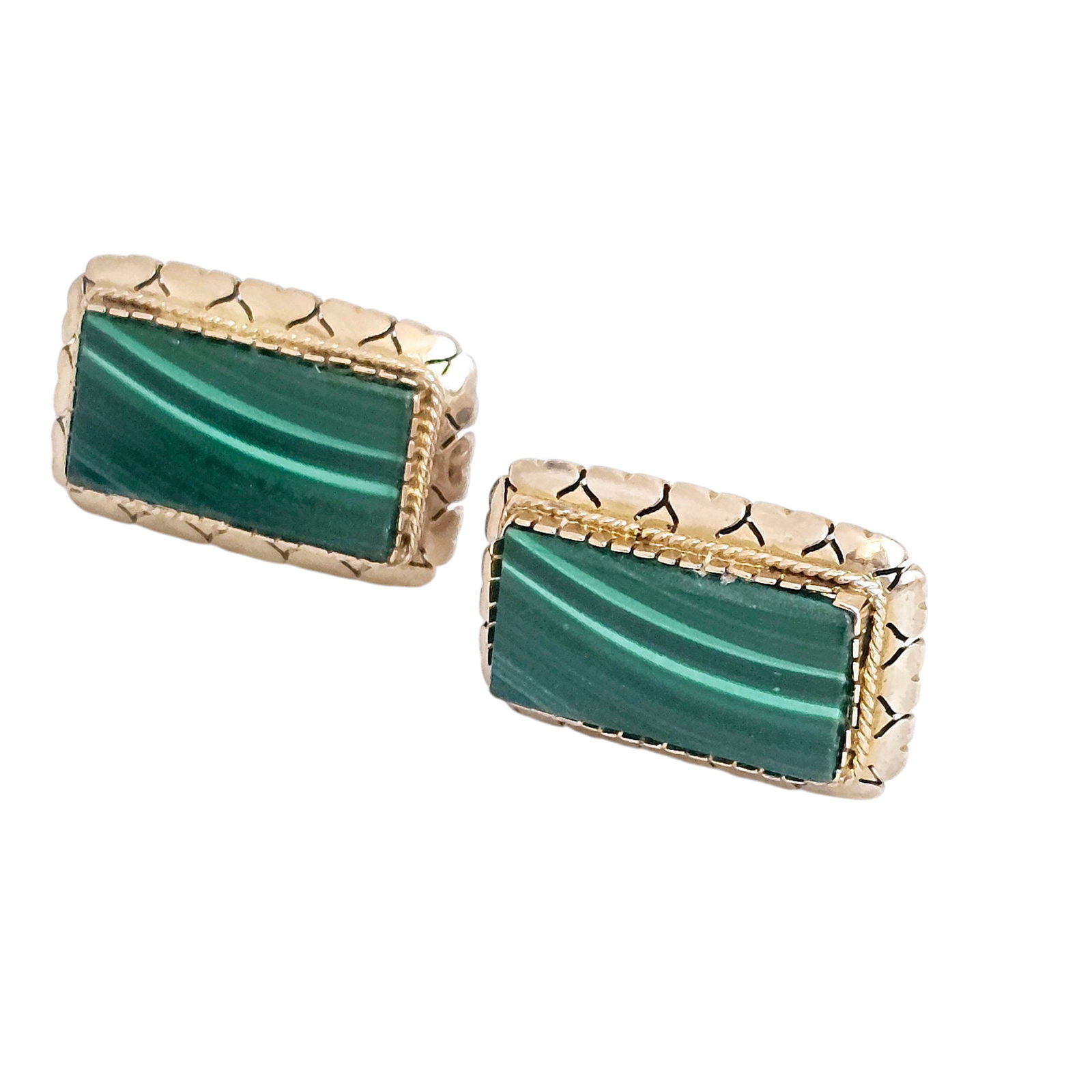Pair of Malachite, 10k Yellow Gold Earrings: Centering a rectangular malachite plaque, set in a textured 10k earring mounting, each measuring approximately 1.02 x 0.65 inches. Gross weight: 9.6 grams. All purchases are as is, the absence of cond