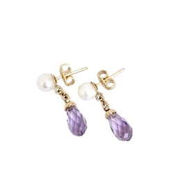 Pair of Amethyst, Cultured Pearl, 14k Yellow Gold Earrings