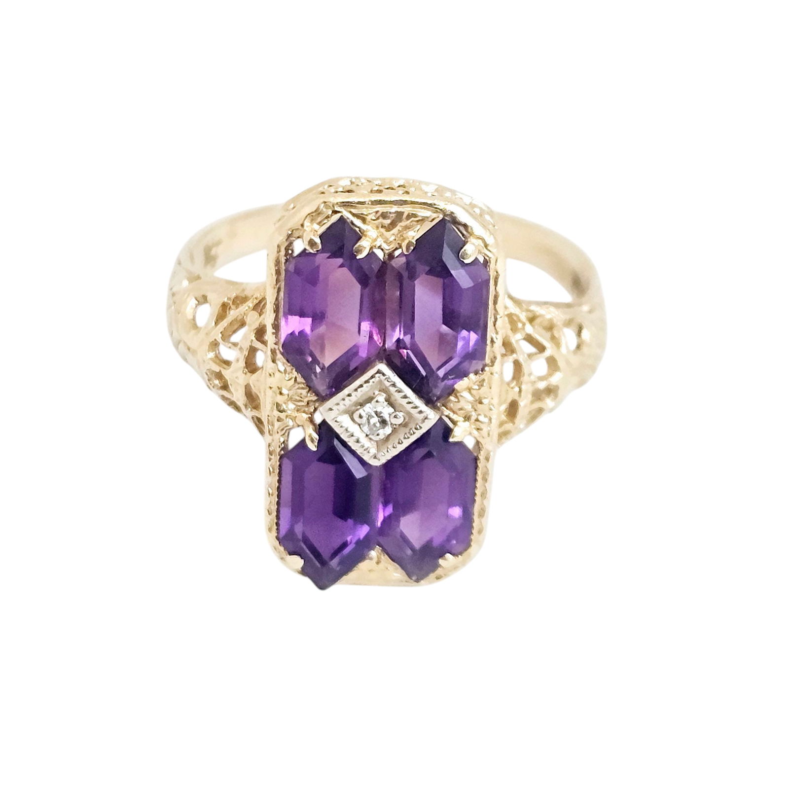 Art Deco Style Amethyst, Diamond, 14k Yellow Gold Ring (1 of 7)