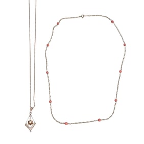 Two Diamond, Coral, Yellow Gold Necklaces
