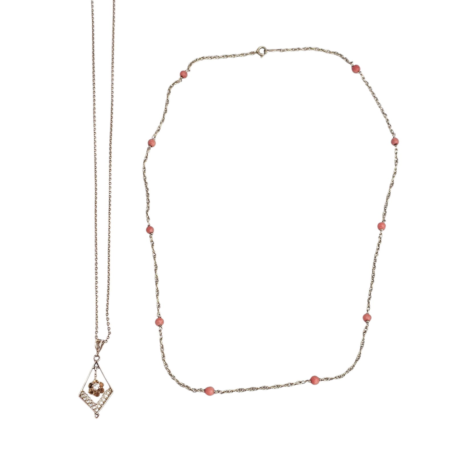 Two Diamond, Coral, Yellow Gold Necklaces (1 of 4)