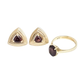 Garnet 18k, 14k Yellow Gold Jewelry Suite