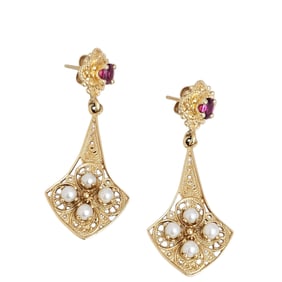 Pair of Ruby, Cultured Pearl, 14k Yellow Gold Earrings