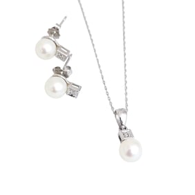 Cultured Pearl, Diamond, 10k White Gold Jewelry Suite