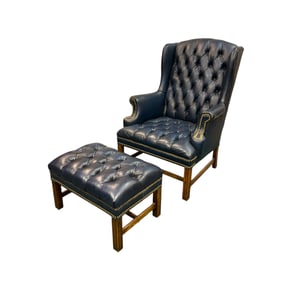 Vintage Blue Tufted Chair with Ottoman