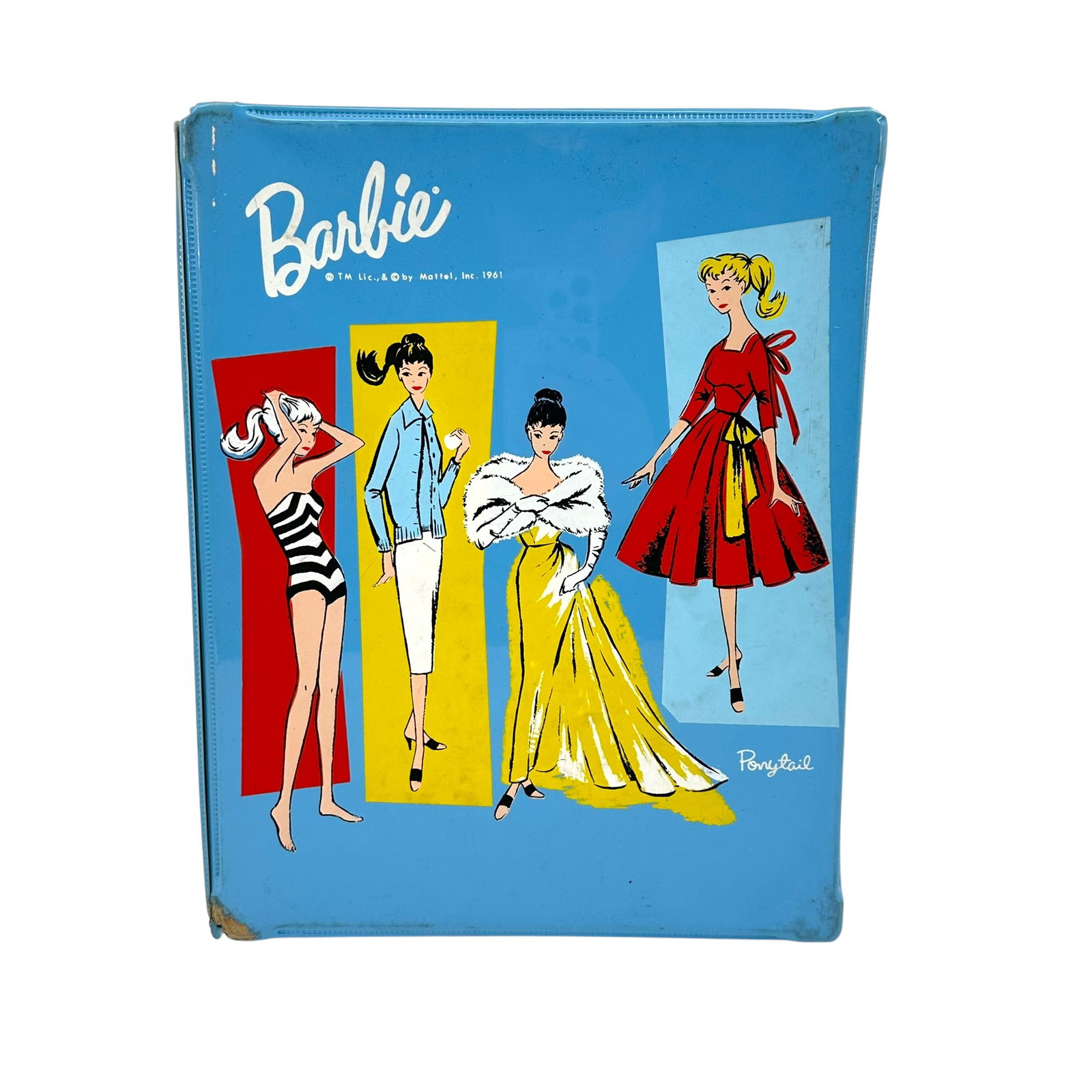 Vintage 1960s Barbie Case and Barbie Doll with Outfits: Carrying Case with vintage barbie, blue design, inside includes hairdos and miscellaneous outfits. Used, she is out of box, has gloves on, condition consistent with age. Absence of a compl