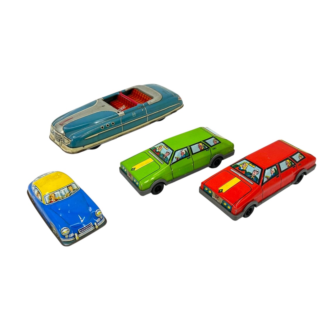 (Lot of 4) Vintage Toy Cars Inc. Marx D-6581 Roadster and Joustra Porsche: (Lot of 4) vintage toy cars including two Turkish Renault cars in red and green, a Marx D6581 windup roadster, and a Joustra H-2004 Porsche, largest car measures 11 in L. All purchases are as is, the