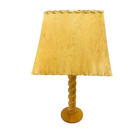 Late 20th C. Turned Wood Table Lamp & Rawhide Shade