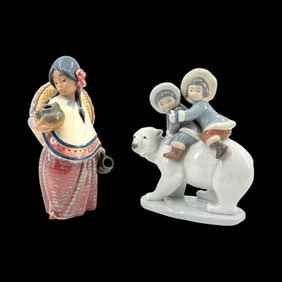 Group of 2 Lladro Spanish Porcelain and Stoneware Figural Statues