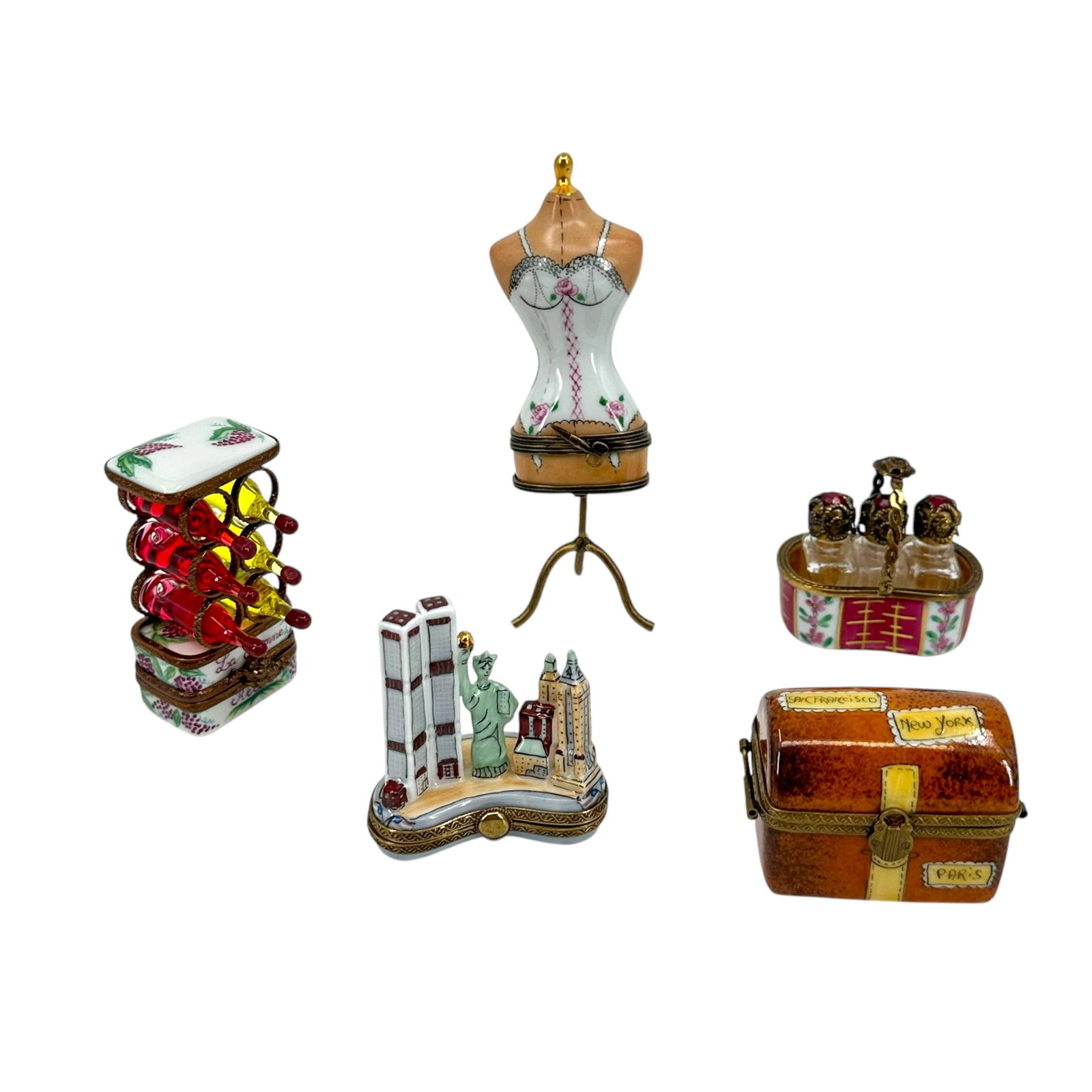 Limoges Group of Wine Rack & Four Others: Bust mannequin, small wine rack with matching removable bottles, another basket which holds three perfume bottles, small cityscape of segment of New York Iconic Buildings and structures, with one lugg
