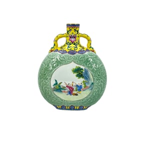 Celadon & Yellow Ground Painted Moon Flask Vase